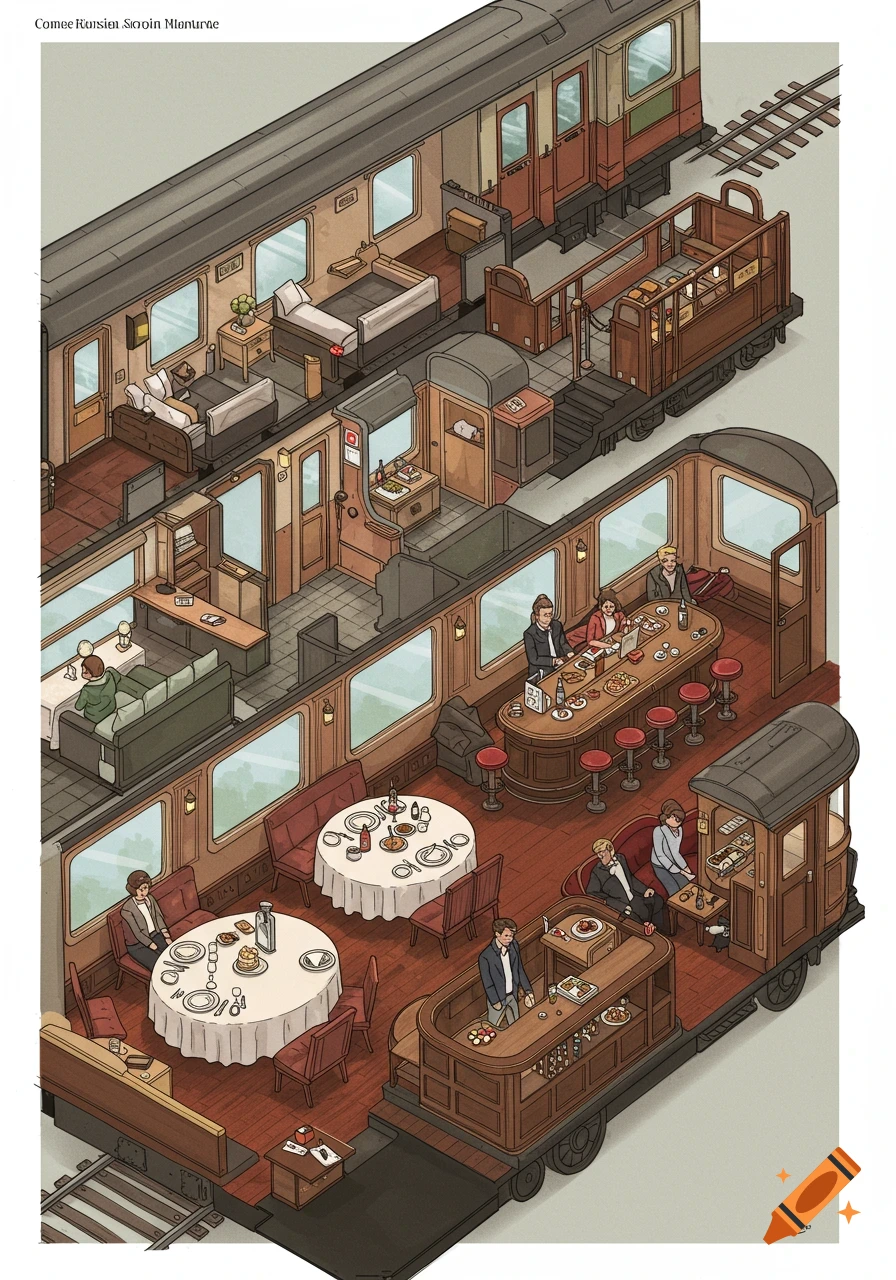 Isometric illustration of a train's cross-section, revealing sleeper cabins, a dining car with patrons, and a bar car.