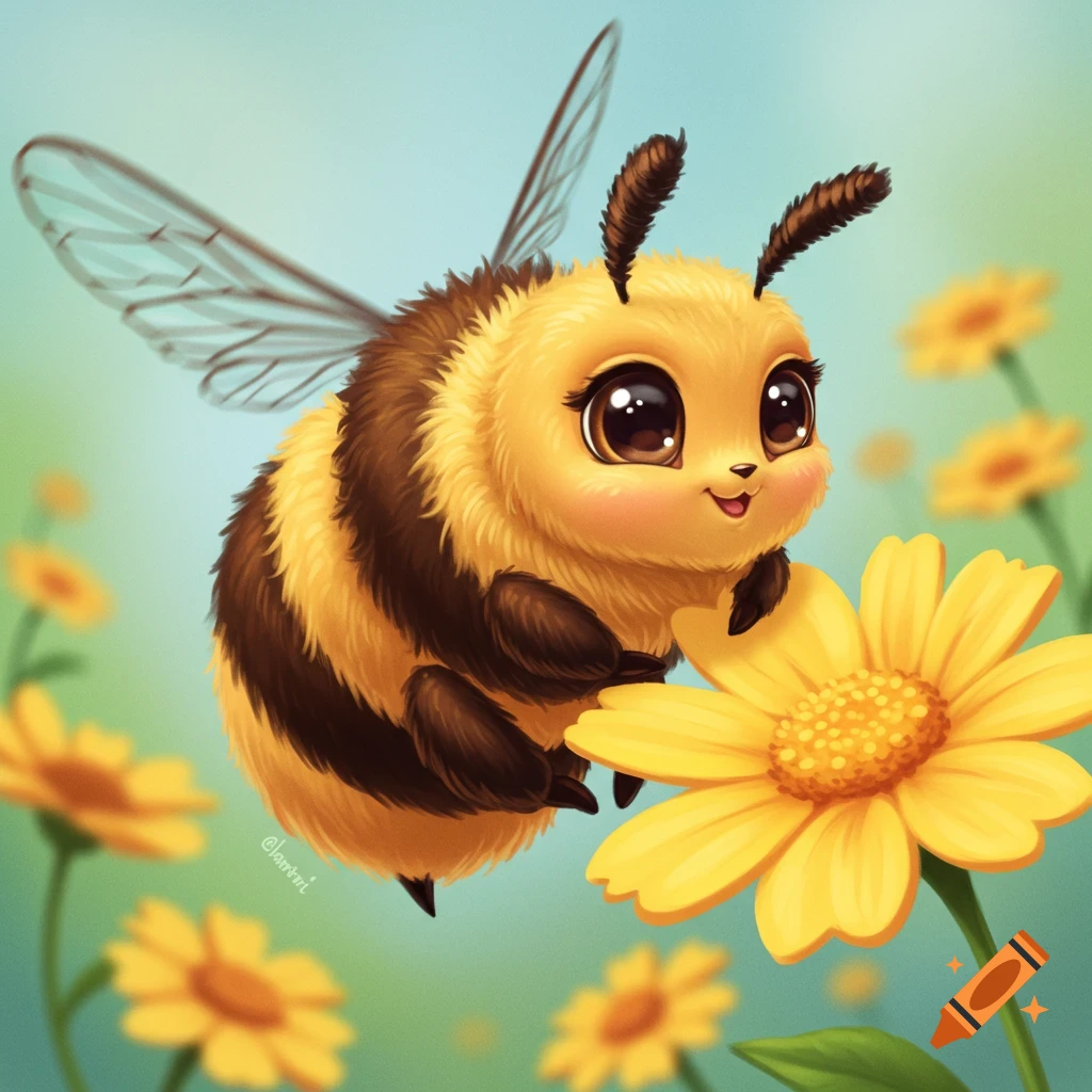 A cute, fluffy cartoon bee with big eyes lands on a bright yellow flower in a soft green and blue garden setting.