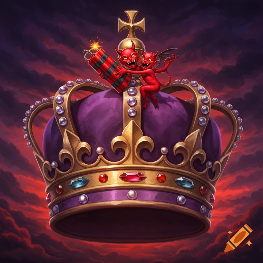 Two red cartoon devils holding lit dynamite on a gold and purple royal crown against a stormy red sky.
