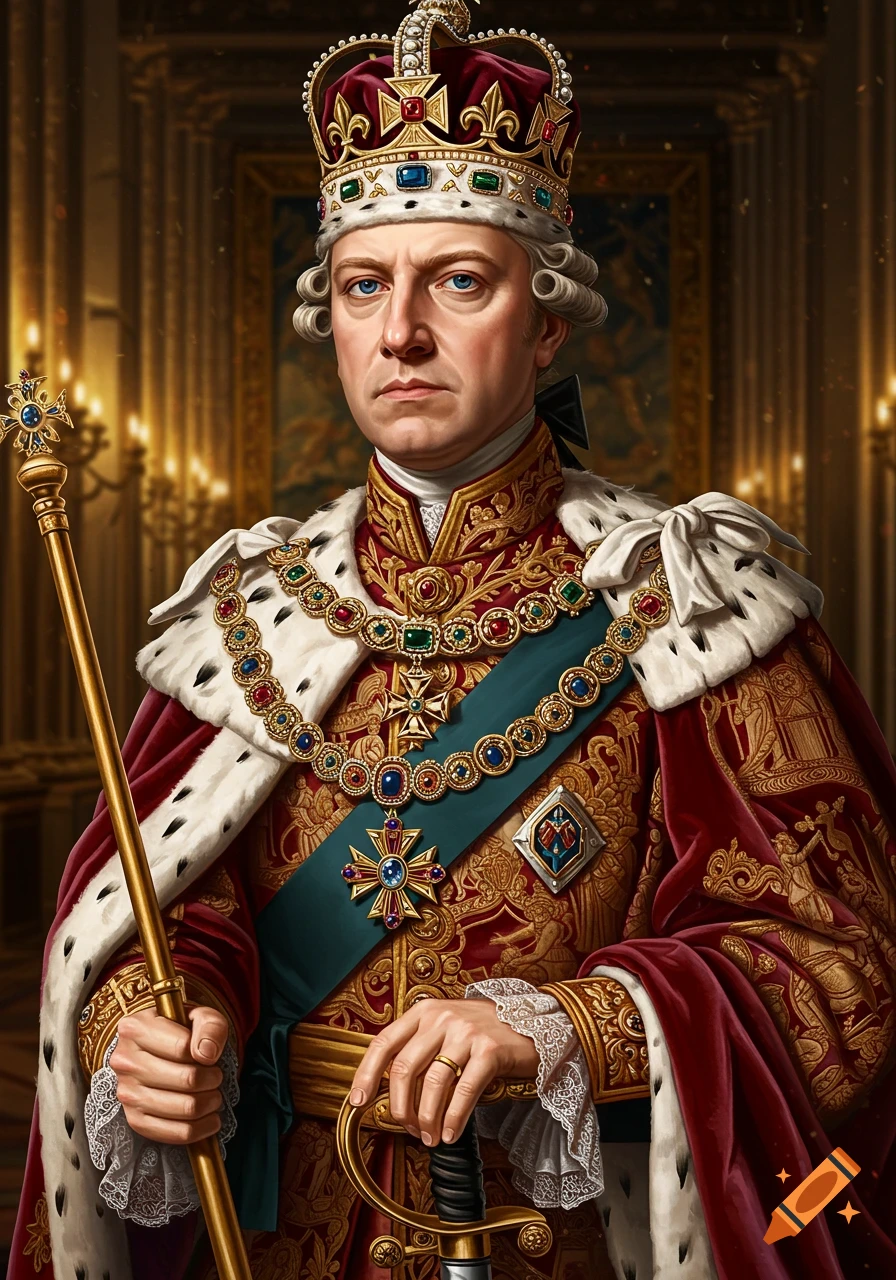 A photorealistic portrait of a king in regal red and gold robes, crown, and jewels, holding a scepter and sword in a grand hall.