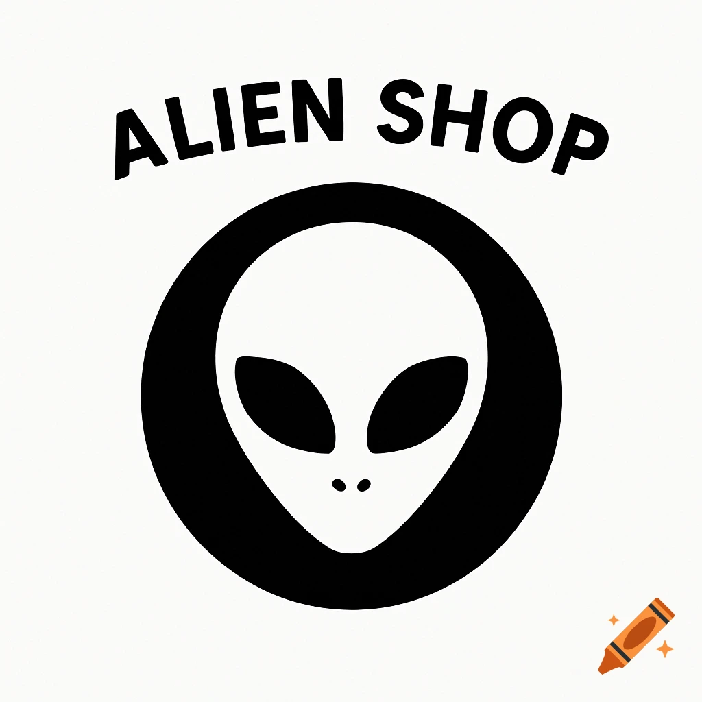 A black and white logo featuring a stylized alien head inside a black circle, with the words "ALIEN SHOP" curved above it.