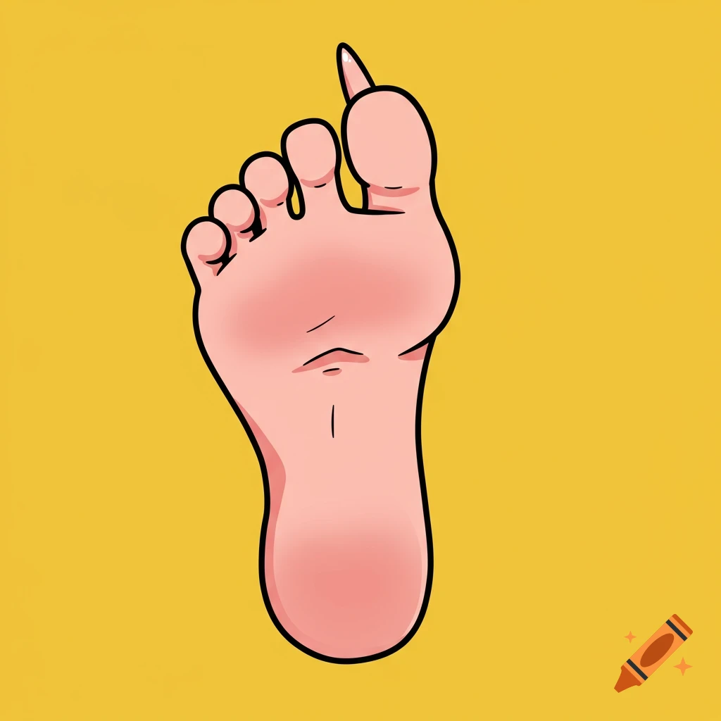 A cartoon human foot with a pointed big toe, on a solid yellow background.
