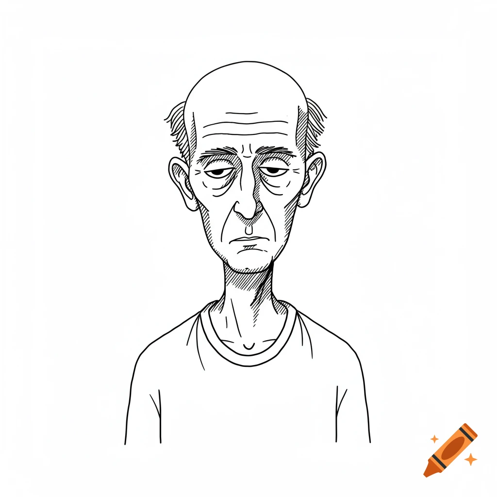 Monochrome line art drawing of a bald, sad-looking man from the chest up.