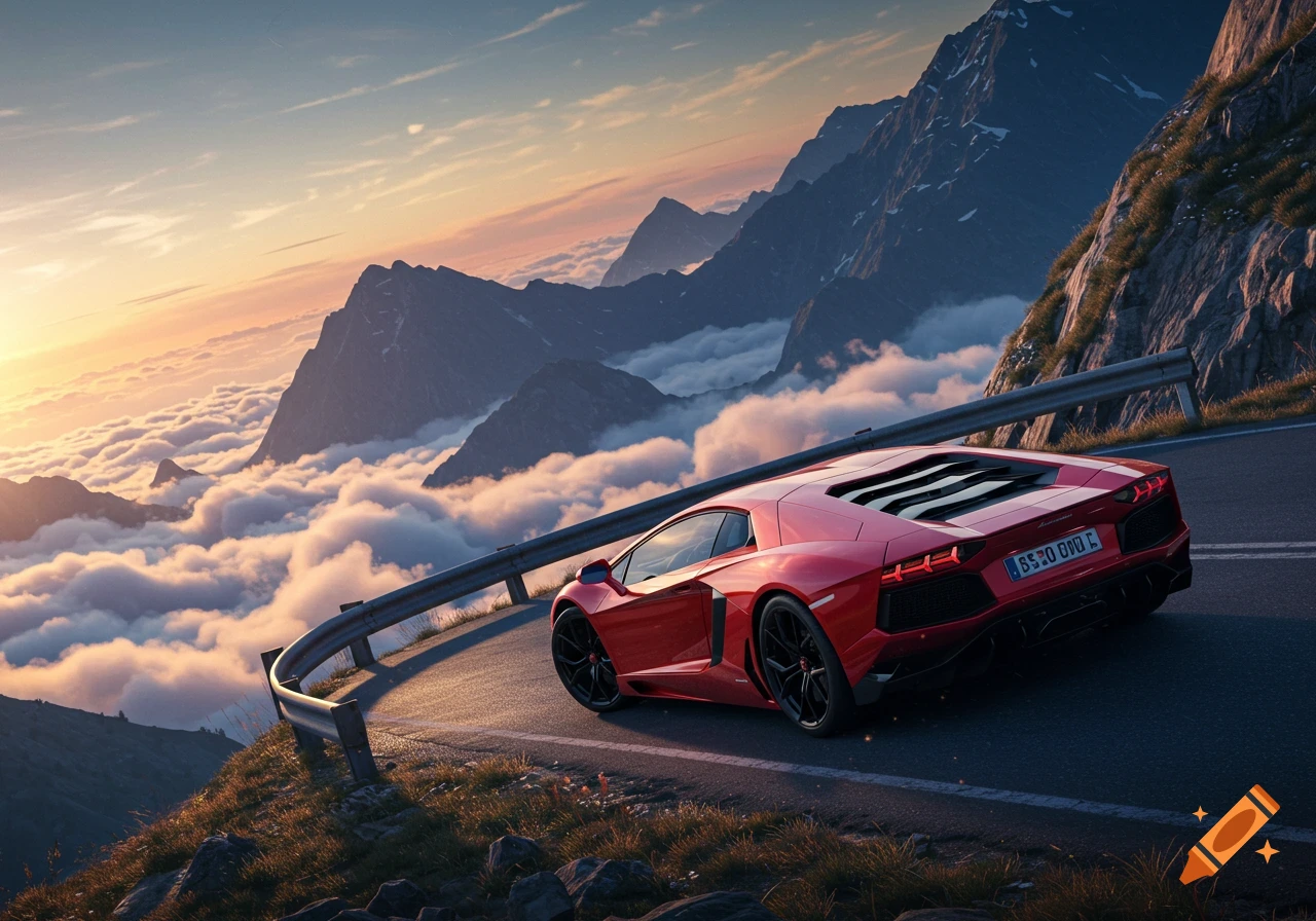 Red supercar drives on a winding mountain road above clouds at sunset, photorealistic.