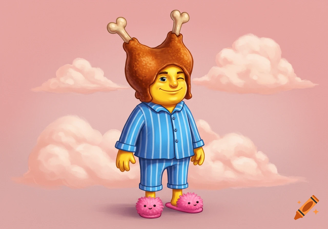 A yellow, cartoon man wearing two turkey legs as a hat, blue striped pajamas, and pink monster slippers, winks on a pink cloudy background.