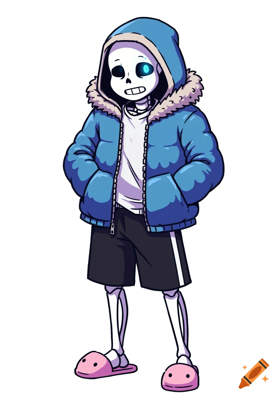 A full-body cartoon drawing of Sans, a skeleton character, wearing a blue puffy coat, white shirt, black shorts with a white stripe, and pink slippers. He has one glowing blue eye.