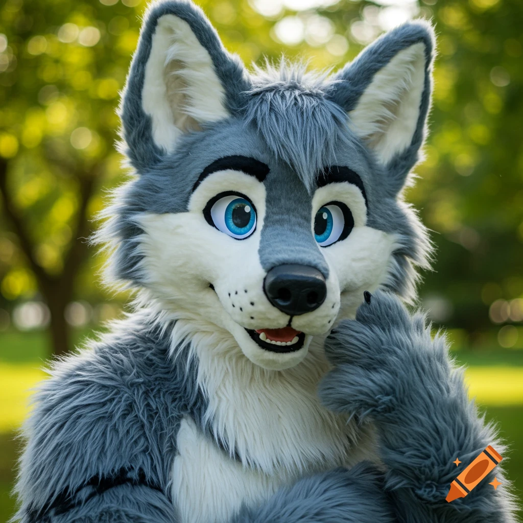 Close-up photorealistic portrait of a grey and white anthropomorphic wolf fursuit outdoors.