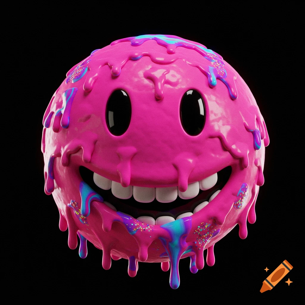 A bright pink 3D smiley face melts and drips with colorful goo against a black background.