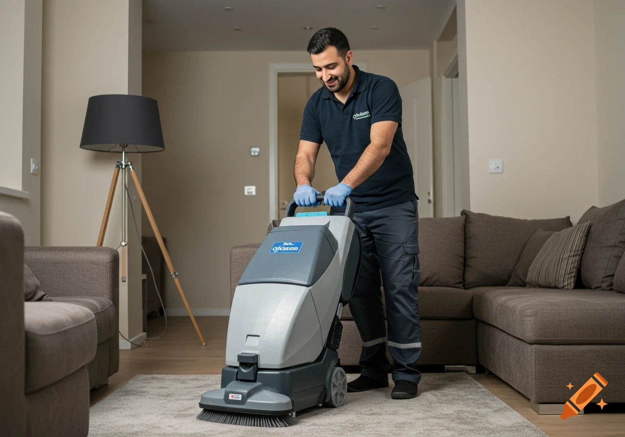 A smiling male technician in uniform and gloves pushes a carpet cleaning machine across a rug in a living room.