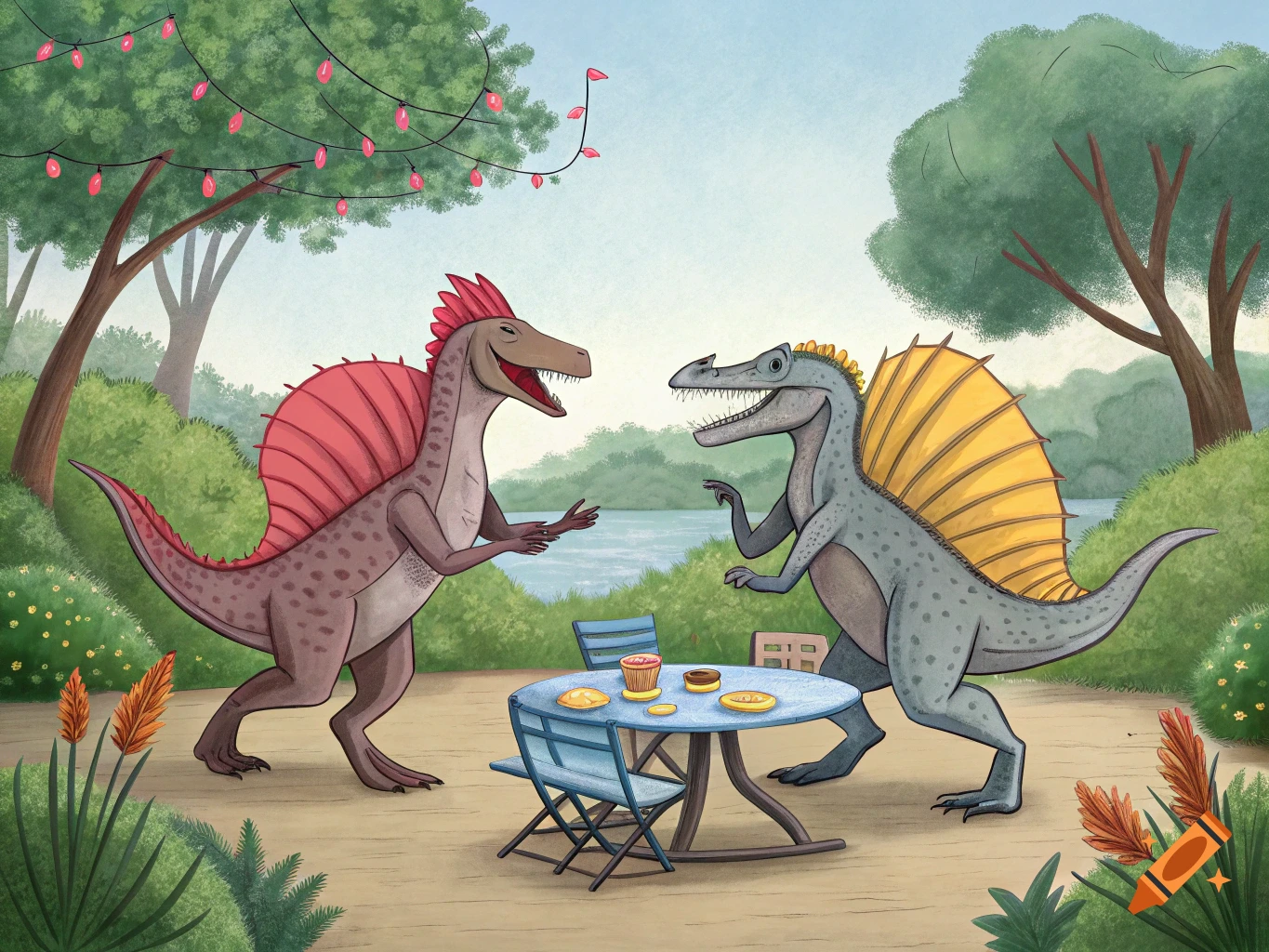 Two cartoon Spinosaurus dinosaurs standing and talking around a picnic table outdoors, with a river and trees in the background.