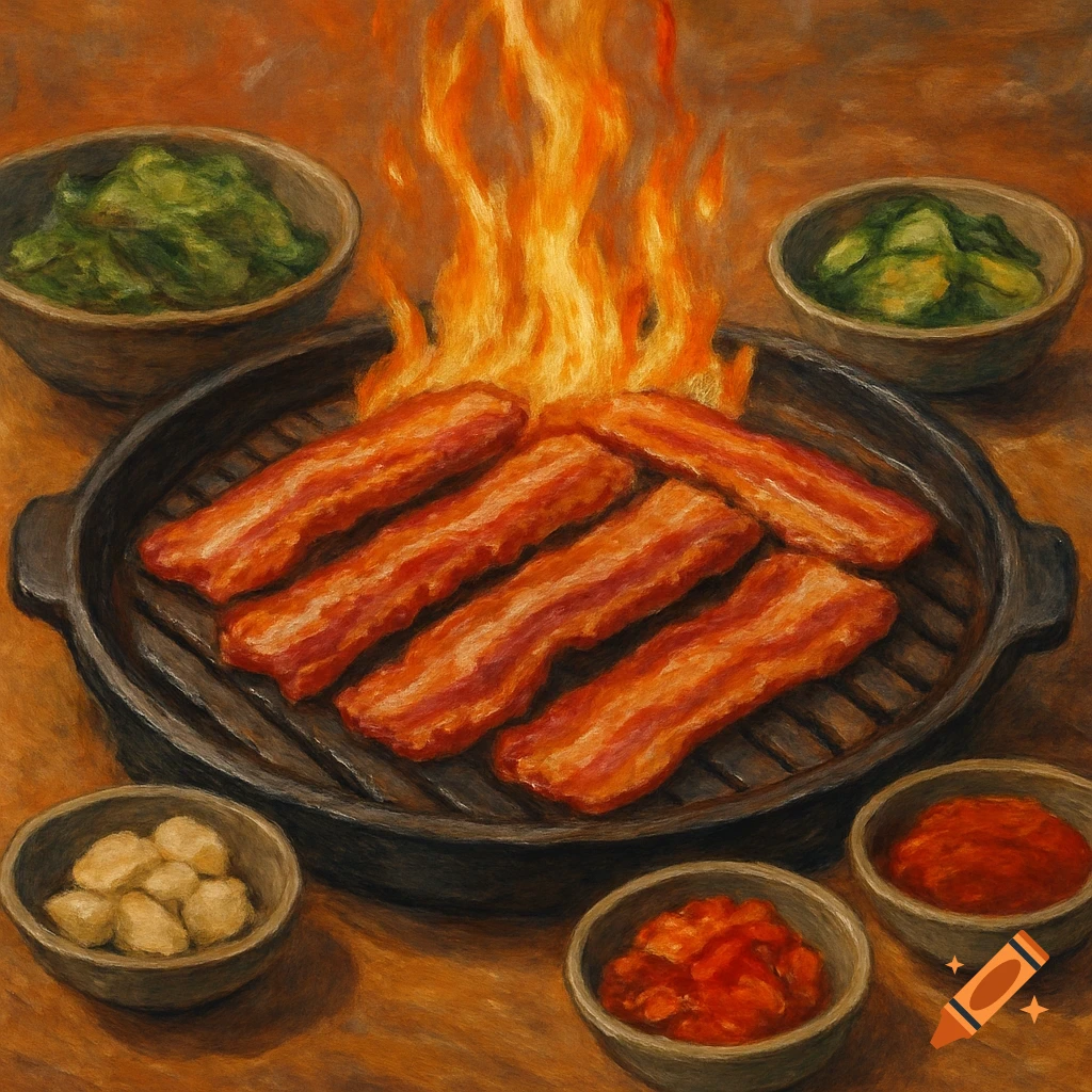Bacon strips cooking on a fiery grill, surrounded by small bowls of side dishes, depicted in a painterly style.