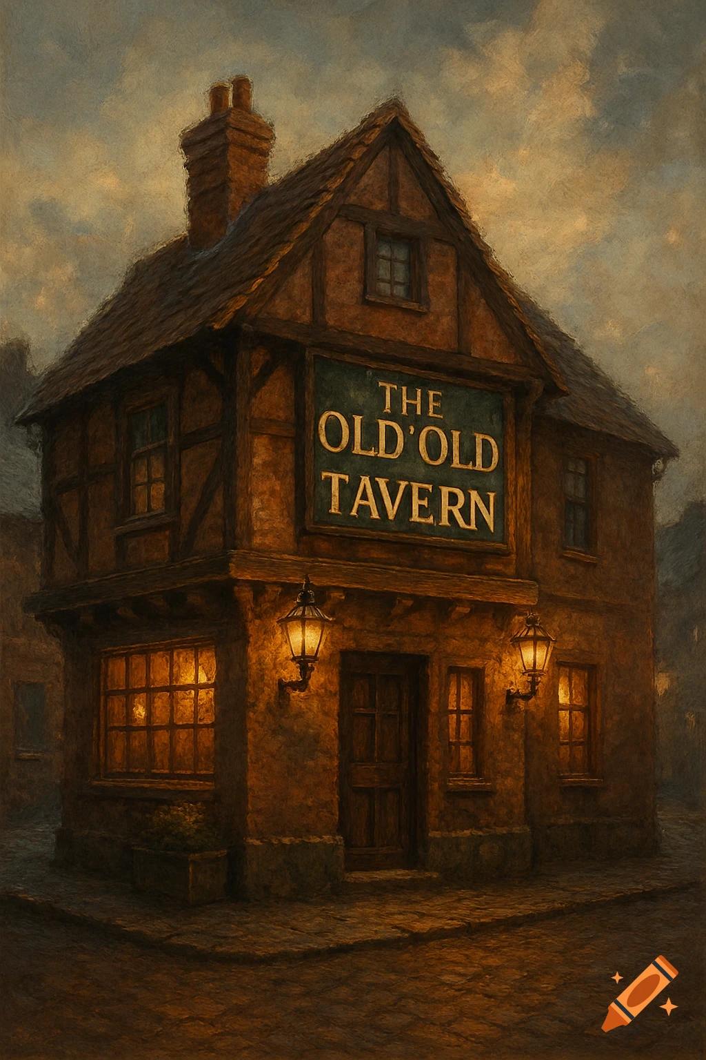 An old, textured painting of a quaint English-style pub called 'The Old'Old Tavern' at dusk, with glowing lanterns and warm light from windows.