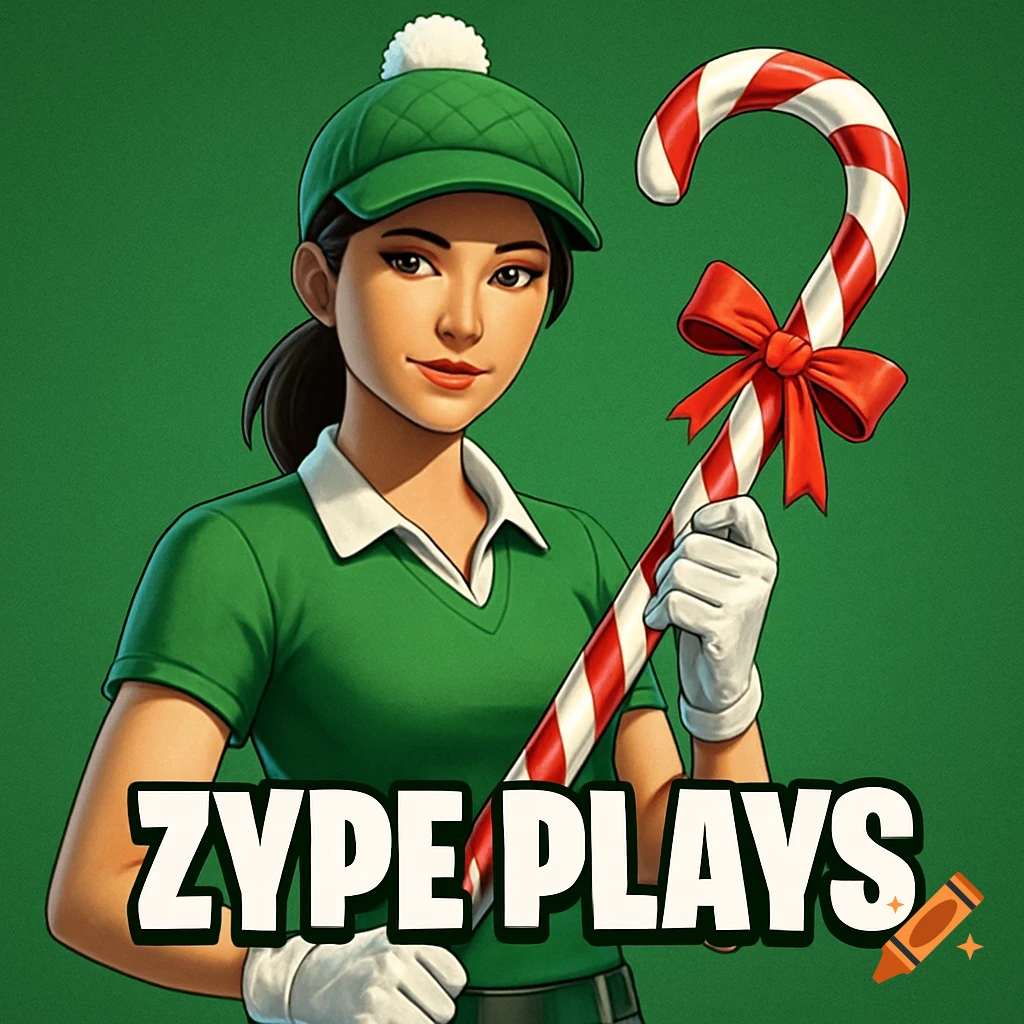 A cartoon female golf character in a green outfit and cap, holding a candy cane, with "ZYPE PLAYS" text below.