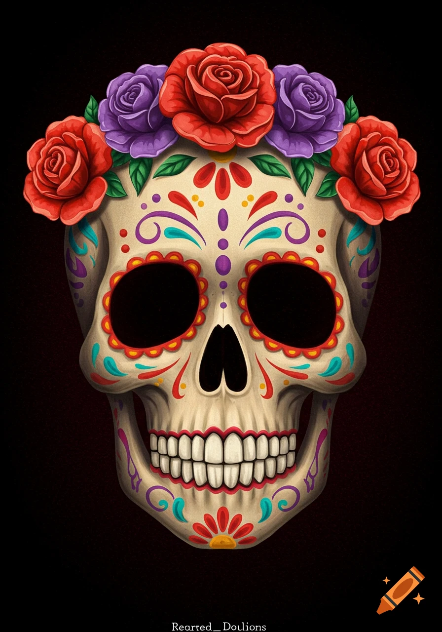 A colorful, decorative sugar skull (Calavera) adorned with red and purple roses on its head, set against a dark background.
