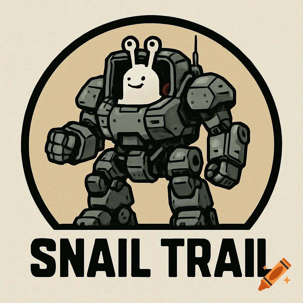 Cartoon snail with a smile inside a gray mech suit, with the text 'SNAIL TRAIL' underneath.