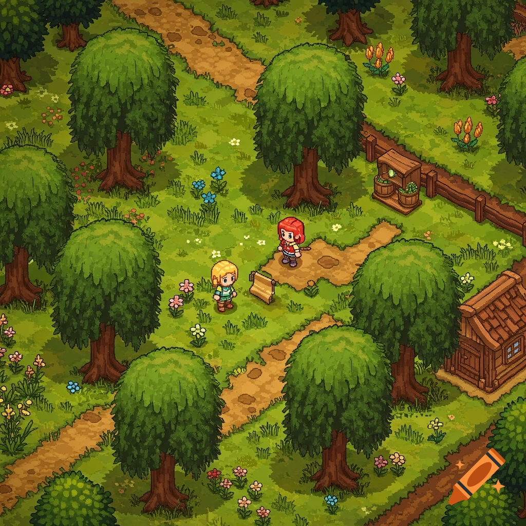 Isometric 16-bit pixel art of two cartoon characters in a forest with paths, trees, and a small wooden house.