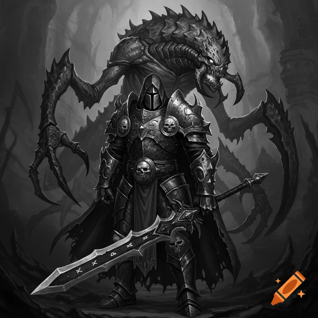 Black and white dark fantasy illustration of a heavily armored knight holding a large sword, with a monstrous creature behind him.