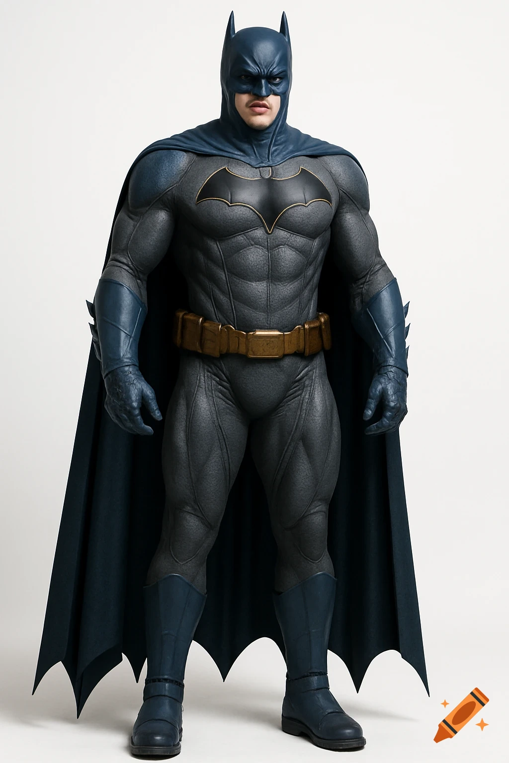 Full-body hyperrealistic image of Batman in a blue and gray suit with a gold belt, standing against a white background.