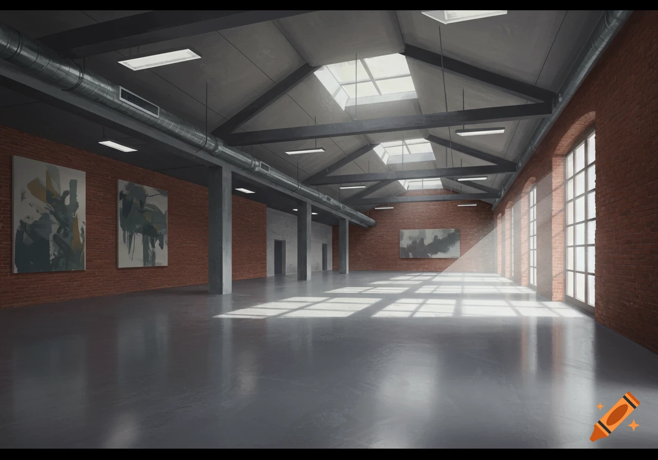 An empty industrial hall with brick walls, concrete floor, skylights, and large windows casting sunlight patterns.