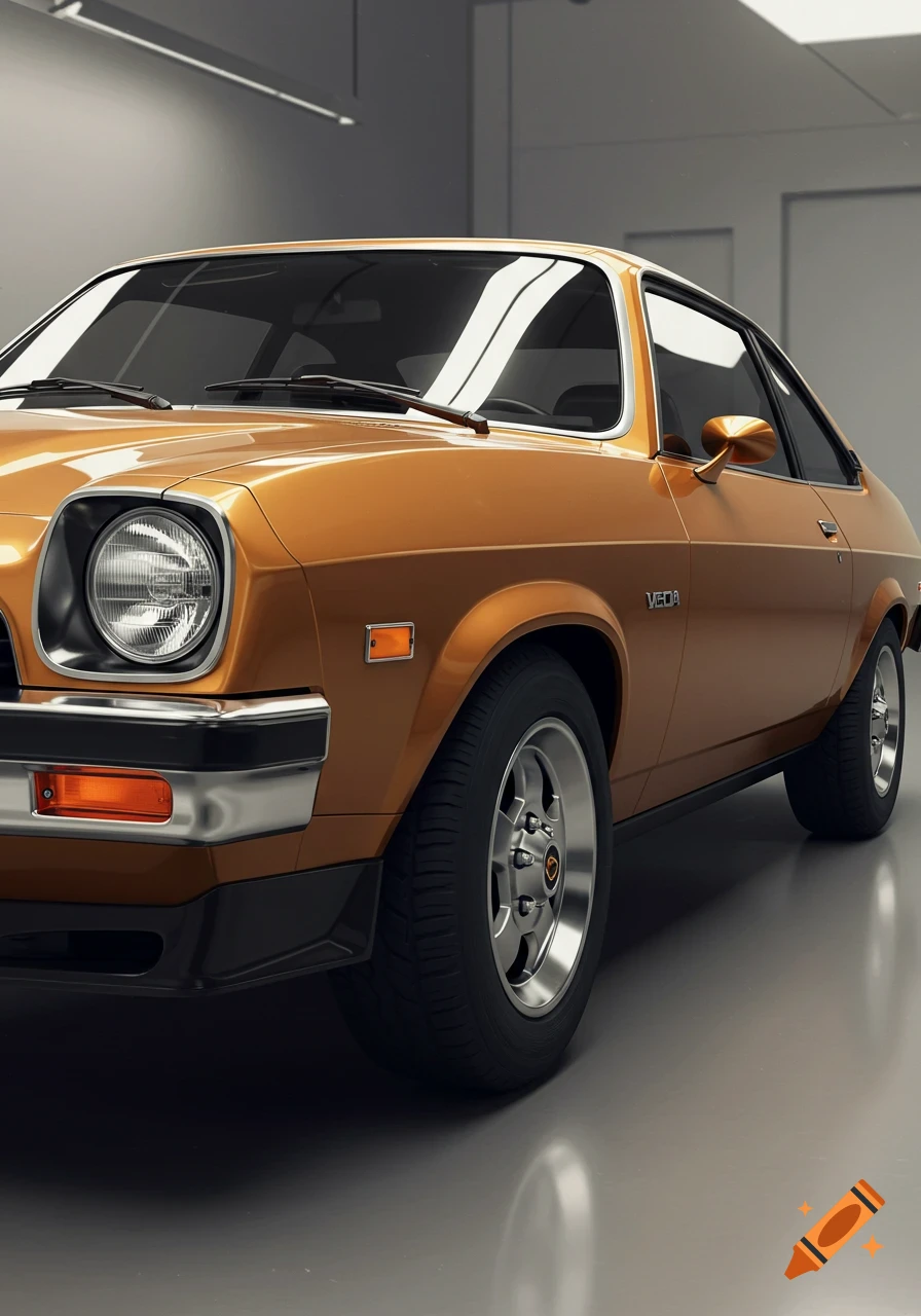 A bronze Chevrolet Vega notchback parked in a brightly lit garage, seen from a low angle.