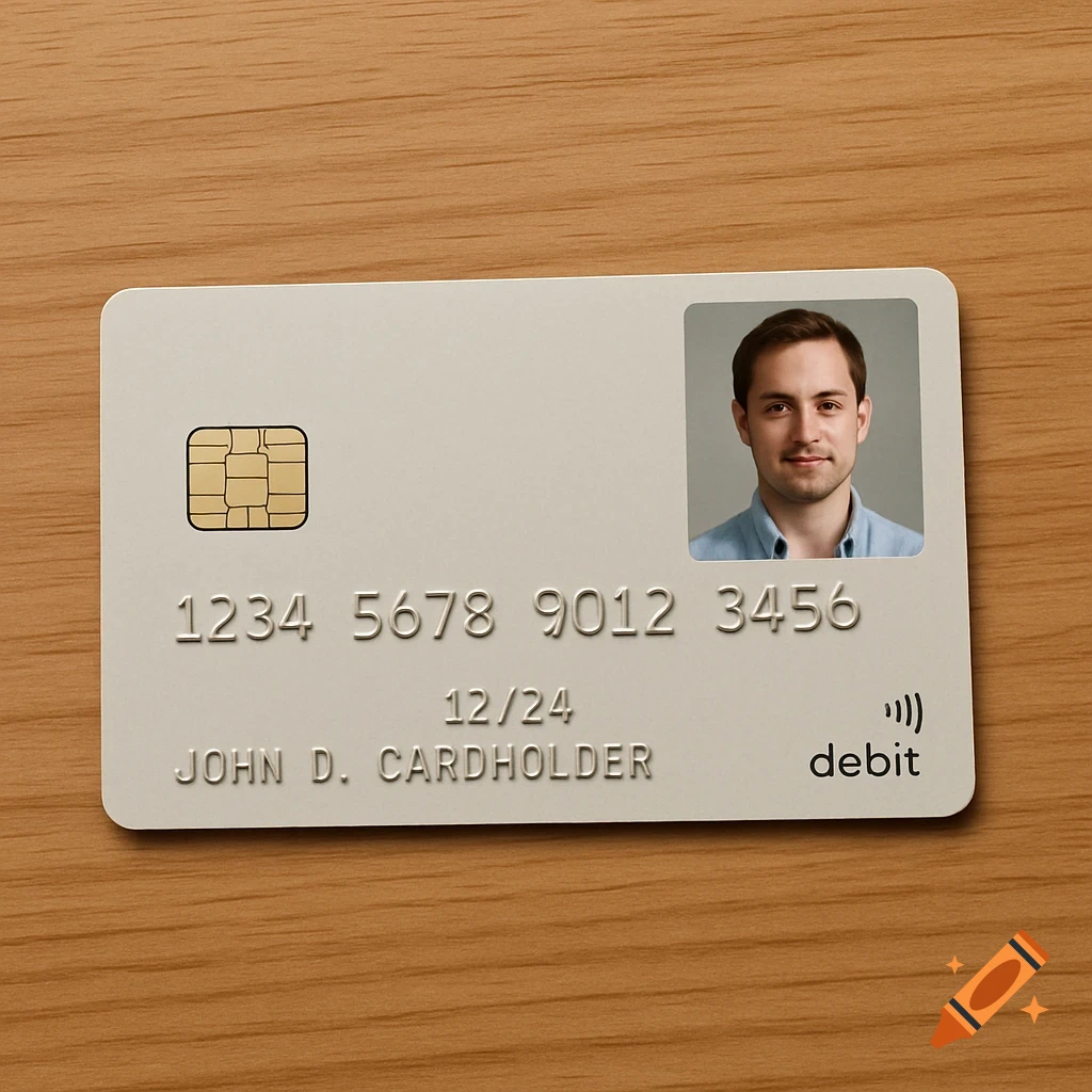 A photorealistic debit card with a man's photo, numbers, and 'debit' text, lying flat on a wooden table.