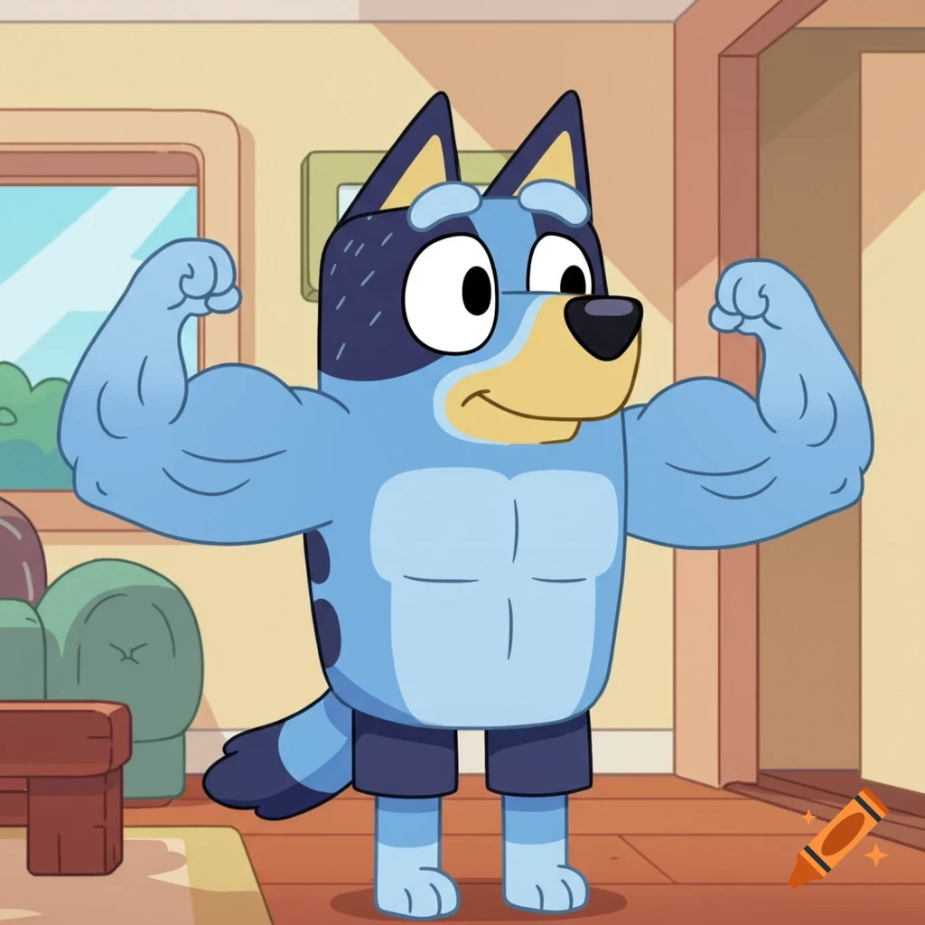 Cartoon blue dog character Bandit Heeler flexing his large biceps in a living room.