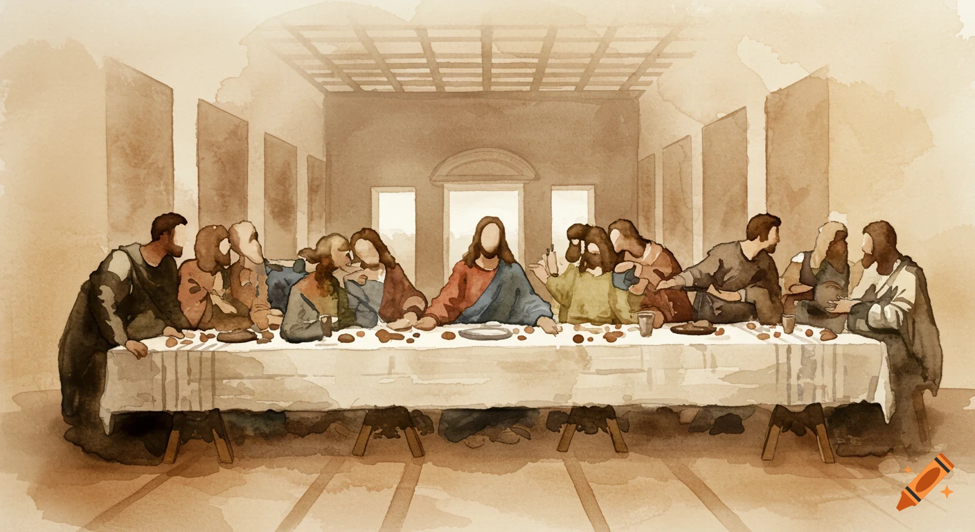 Abstract watercolor painting of the Last Supper with faceless figures seated at a long table in soft earth tones.