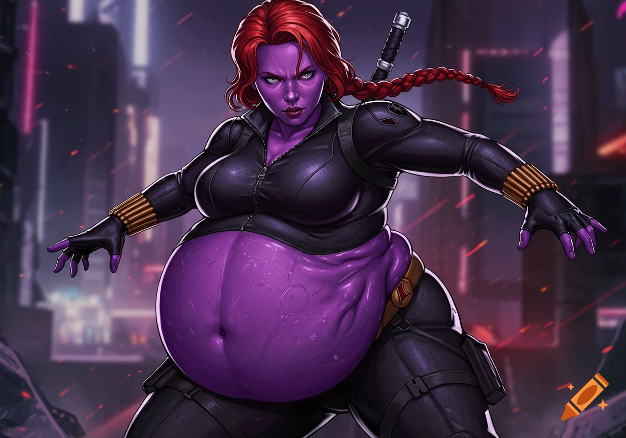 A purple-skinned, large-bellied Black Widow in a black suit with red hair stands in a city.