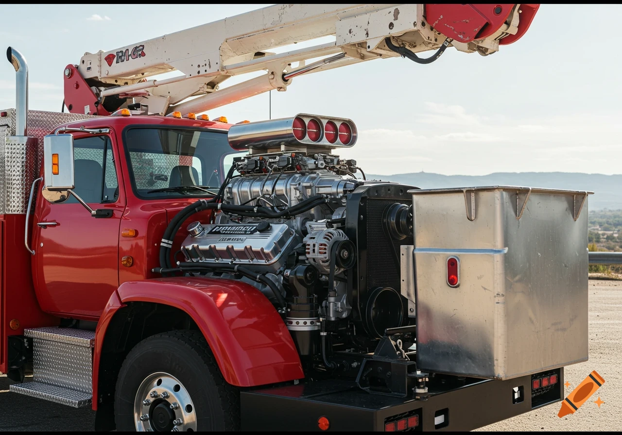 A photorealistic image of a custom red utility truck with a massive, exposed supercharged engine and a white boom arm, parked outdoors.