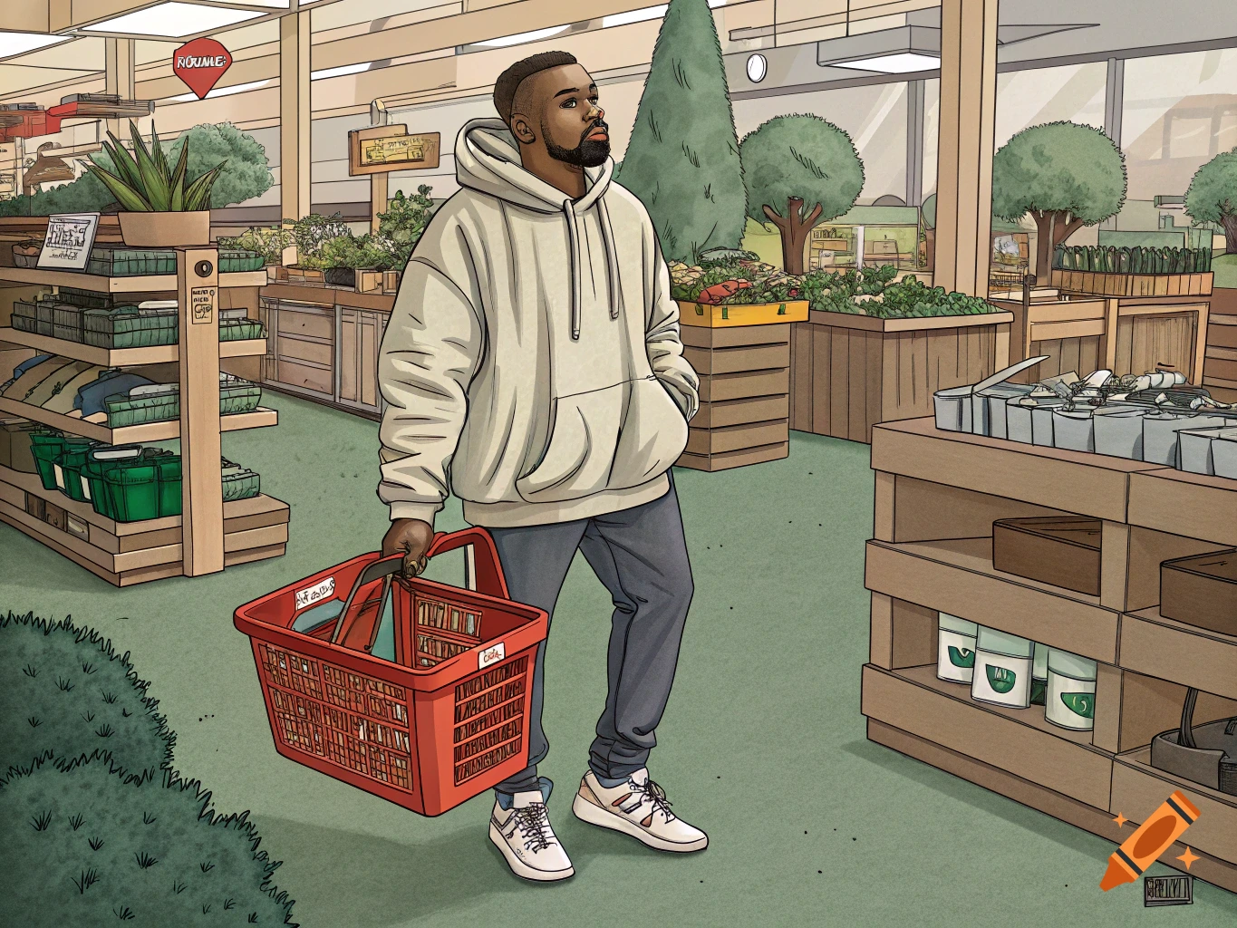An illustration of a man with a beard wearing a hoodie and holding a red shopping basket, standing in a brightly lit garden or hardware store aisle.