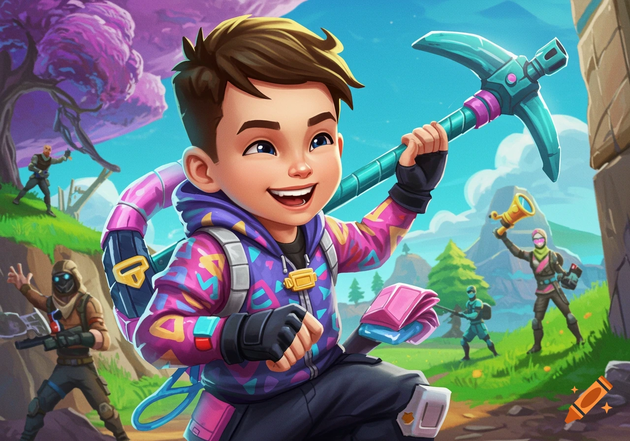 A cartoon boy in a colorful hoodie holds a pickaxe, smiling in a stylized Fortnite-like landscape with other characters.