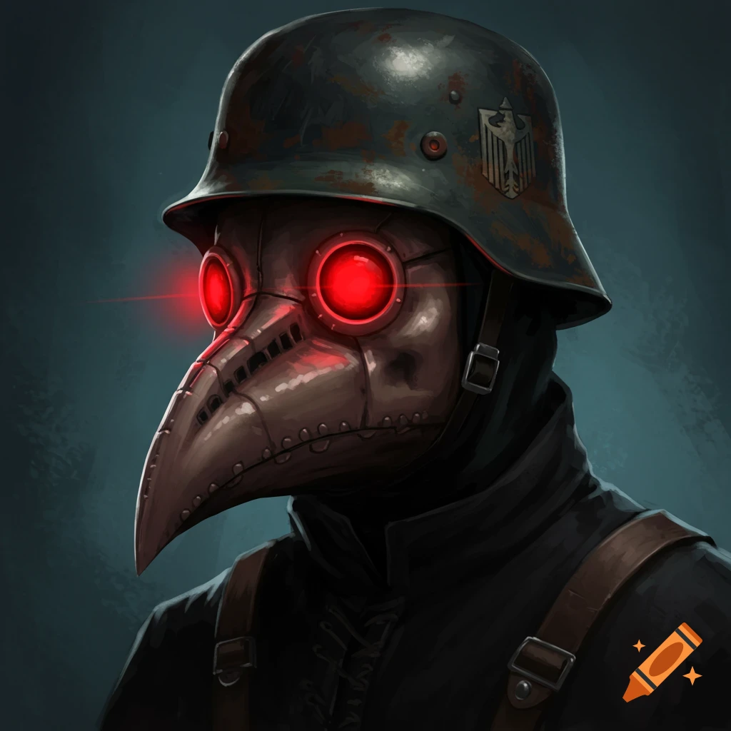 A dark, stylized portrait of a figure wearing a plague doctor mask with glowing red lenses and a rusty German WWI helmet.