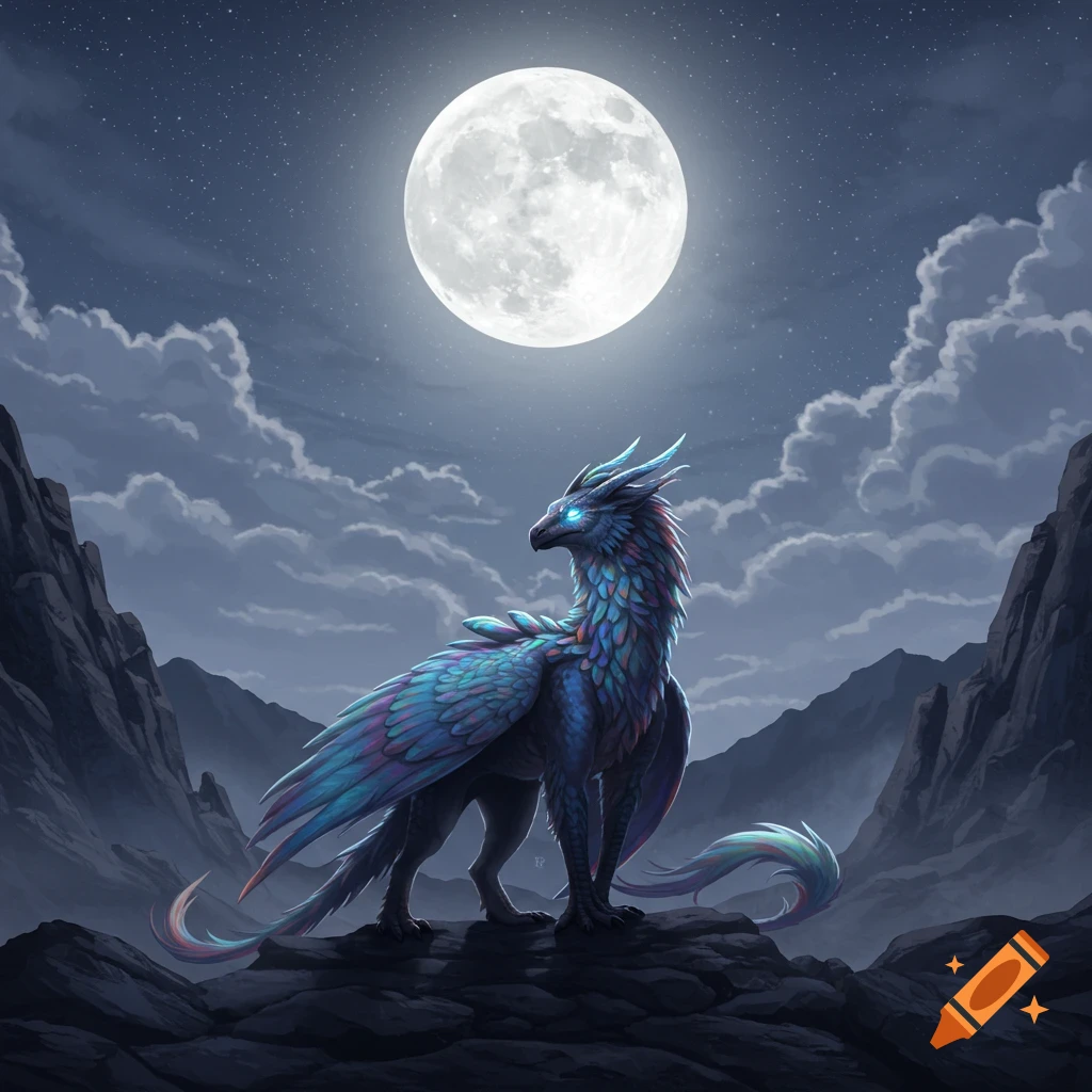 A vibrant mythical creature with glowing blue eyes and iridescent feathers stands on a rock under a large full moon in a mountainous landscape.
