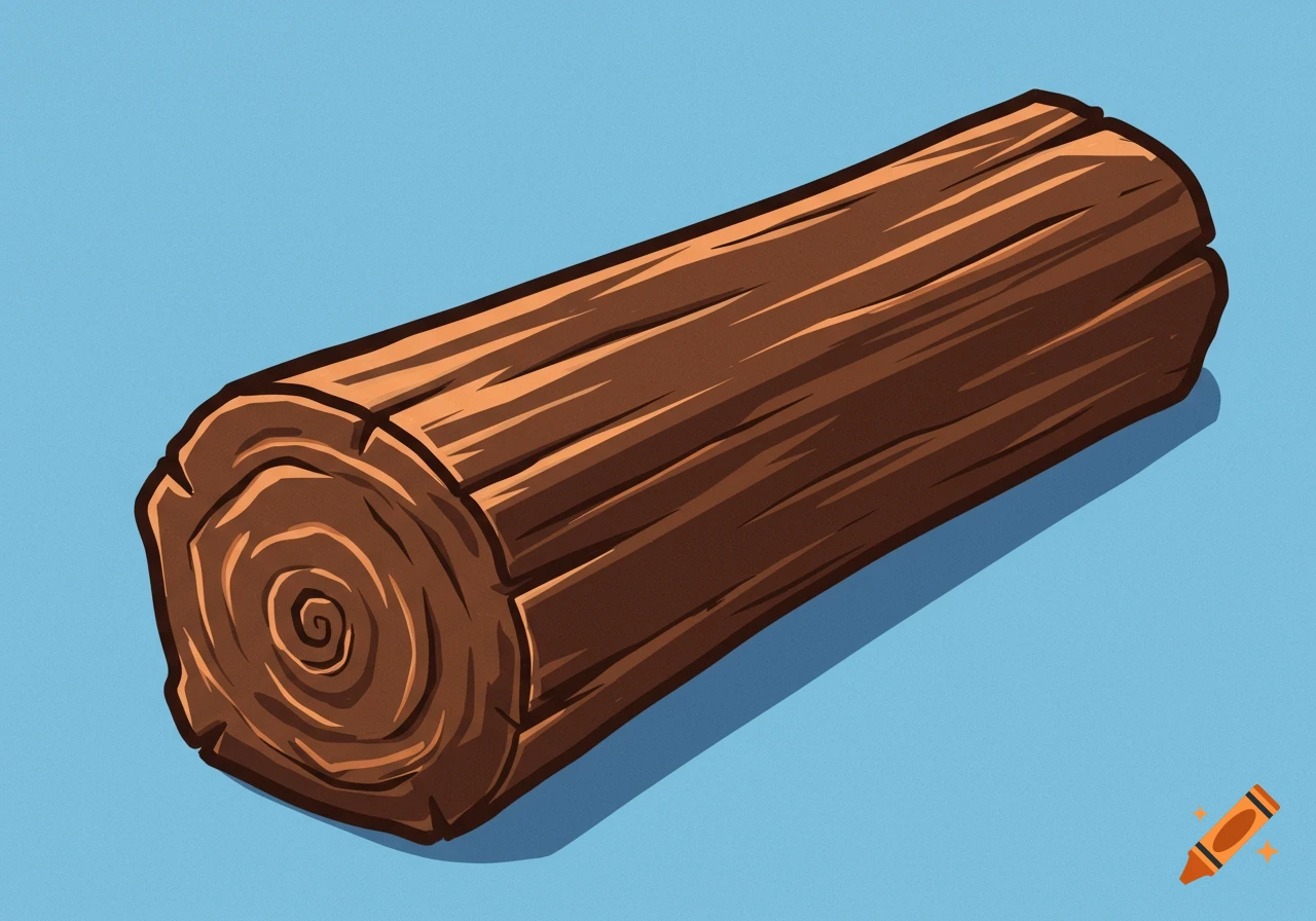 A stylized 2D cartoon illustration of a brown wooden log with visible rings and bark texture, casting a shadow on a light blue background.