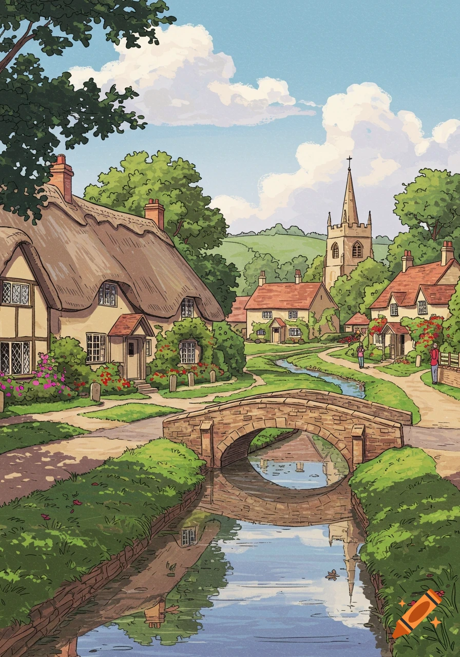 An illustration of a charming village with thatched-roof cottages, a stone bridge over a stream, and a church steeple.