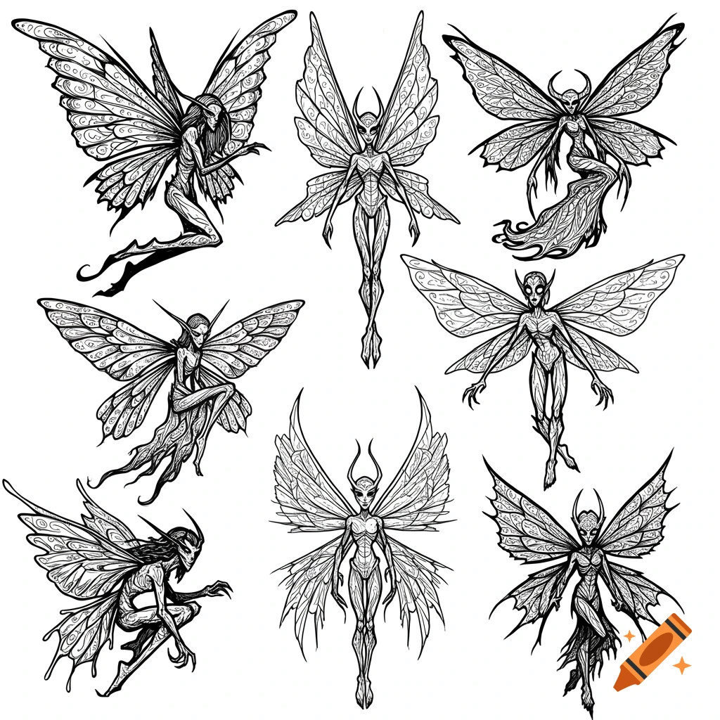Black and white outline illustrations of dark, ominous fairies with intricate wings in various poses.