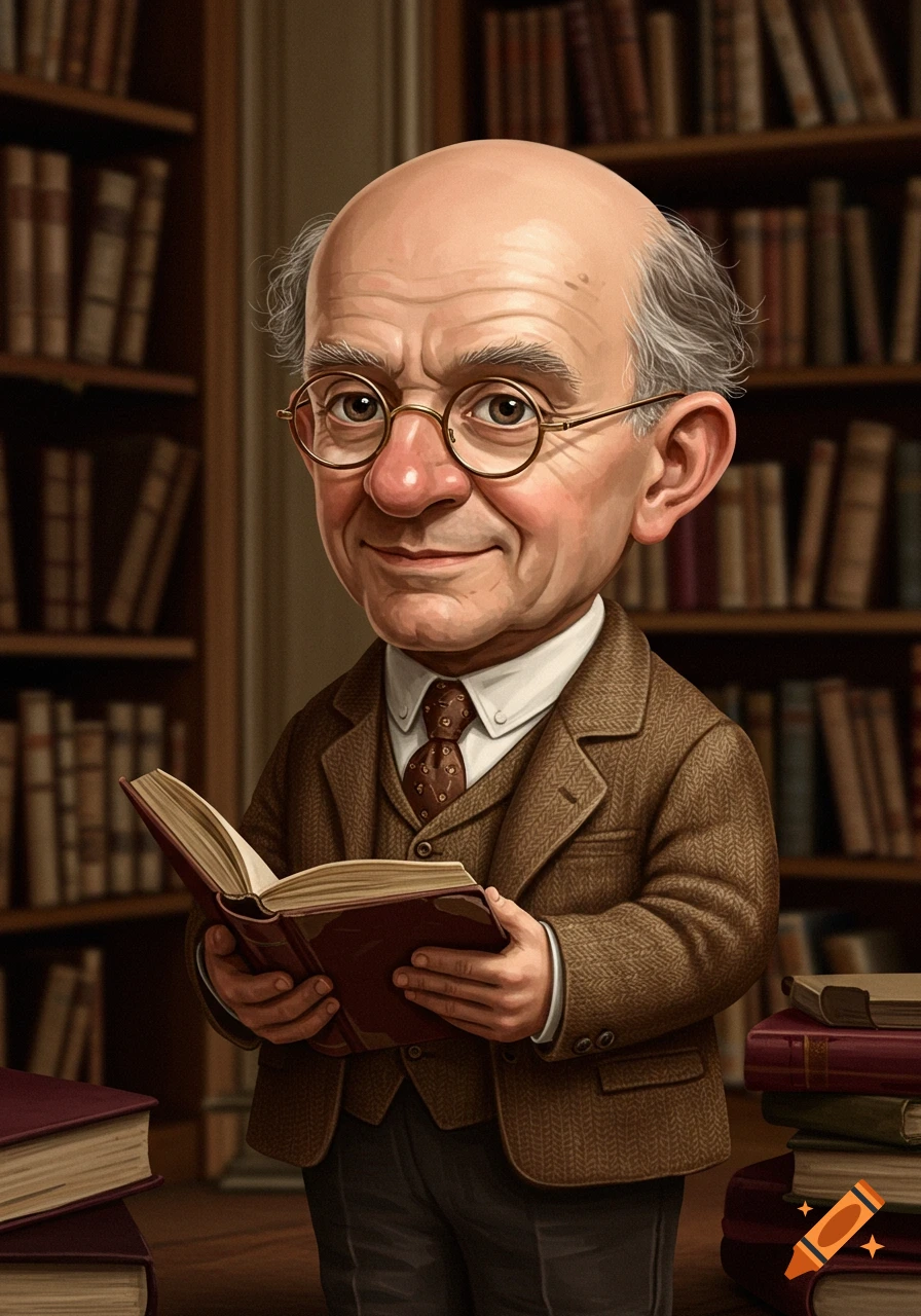 A caricature of a balding old man with glasses, dressed like a librarian, smiling and reading a book in a library.