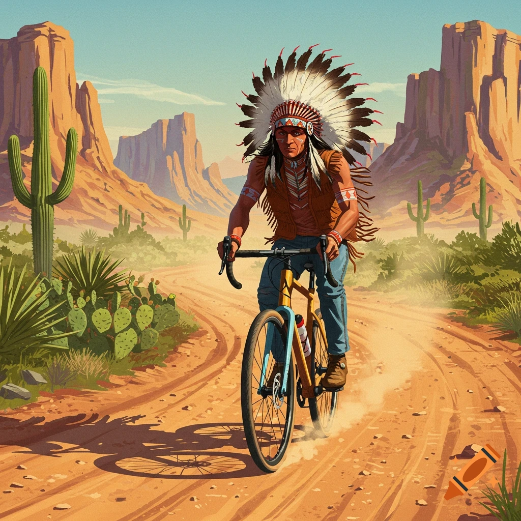 A Native American man wearing a full feathered headdress rides a gravel bike down a dirt road through a desert landscape with saguaro cacti and mesa mountains.