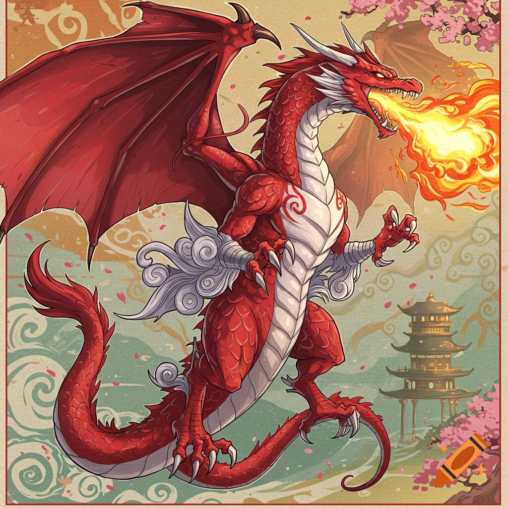 A red dragon with white markings breathes fire in a stylized Japanese landscape with a pagoda and cherry blossoms.