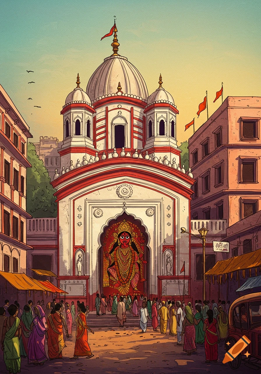 A vibrant illustration of the Kalighat Kali temple in Kolkata, with a large red idol and a crowd of devotees on a sunny street.