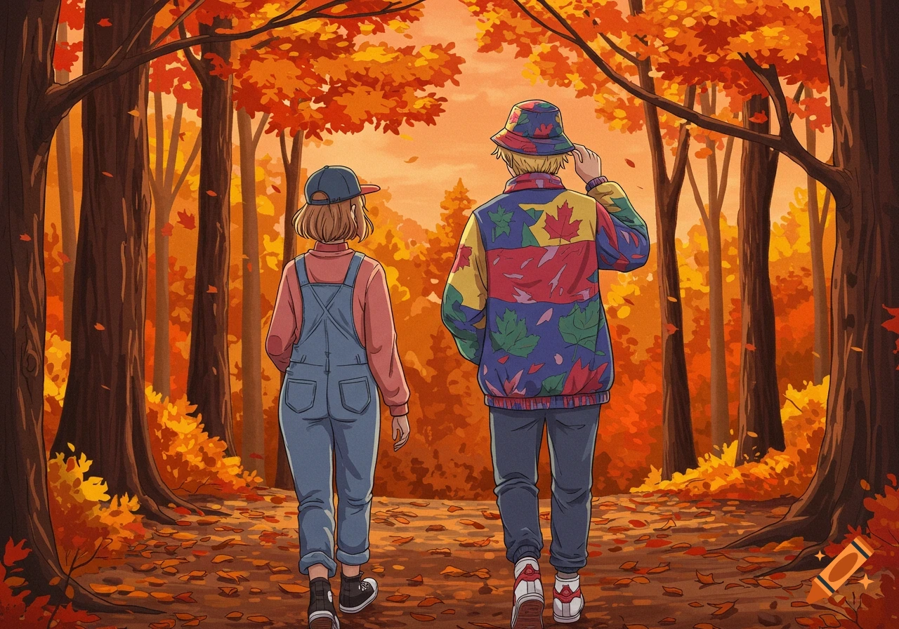 Anime drawing of a couple walking away from the viewer on a path through a vibrant autumn forest with maple trees. The girl wears overalls and a cap, the guy a colorful jacket and bucket hat.