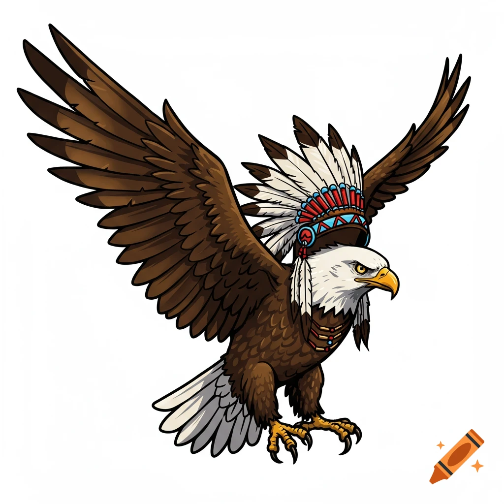 A cartoon bald eagle wearing a Native American headdress with its wings spread, isolated on white.