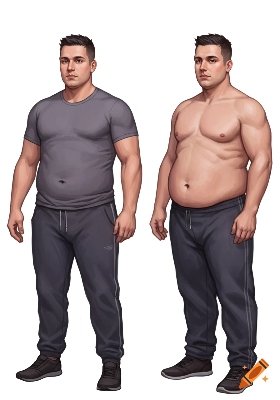 Illustration of the same man, one in a gray t-shirt at a normal weight and one heavier and shirtless.