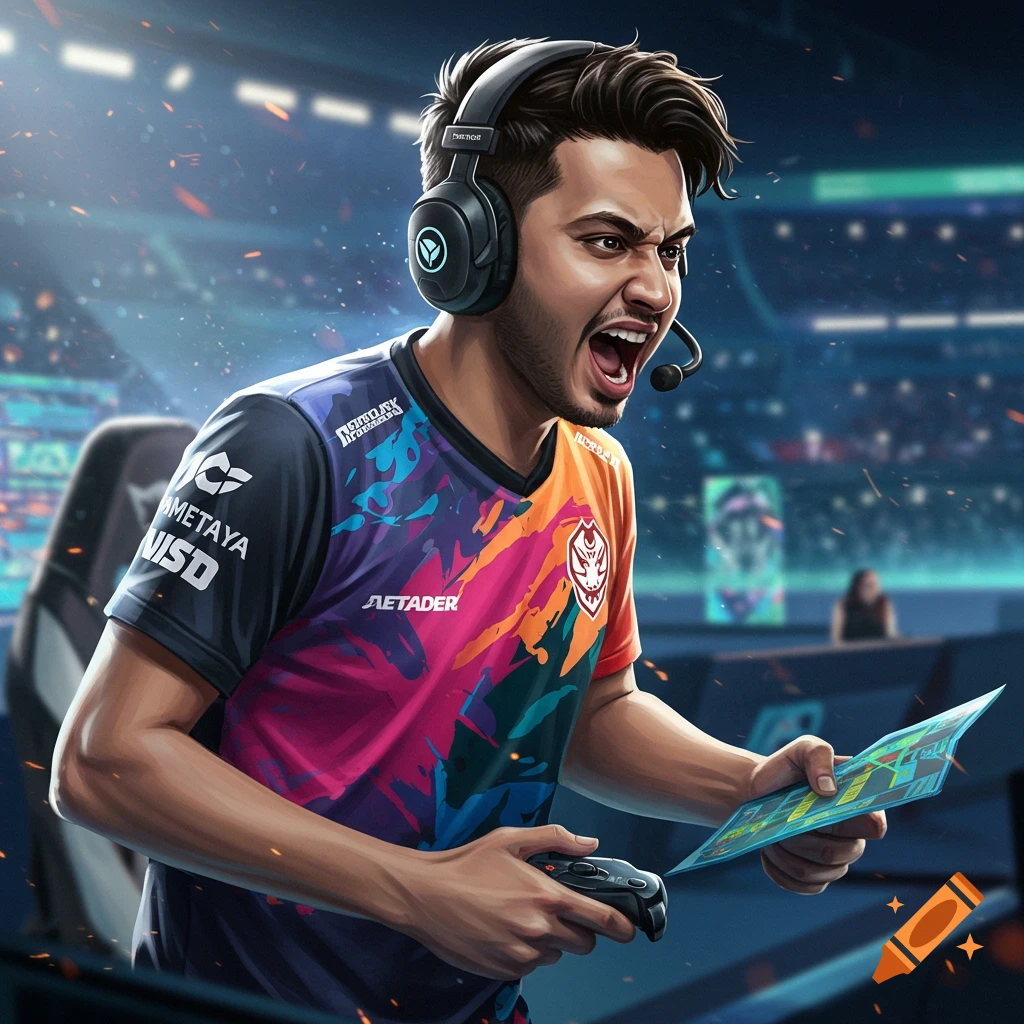 An expressive male esports gamer or coach wearing a headset, holding a controller and a strategy sheet in a vibrant arena setting.