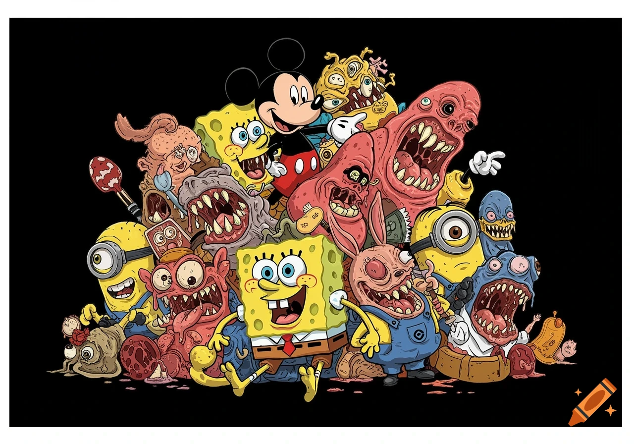 A colorful pile of grotesque, mutated cartoon characters including Spongebob, Mickey Mouse, Patrick, and Minions on a black background, in a comic book style.