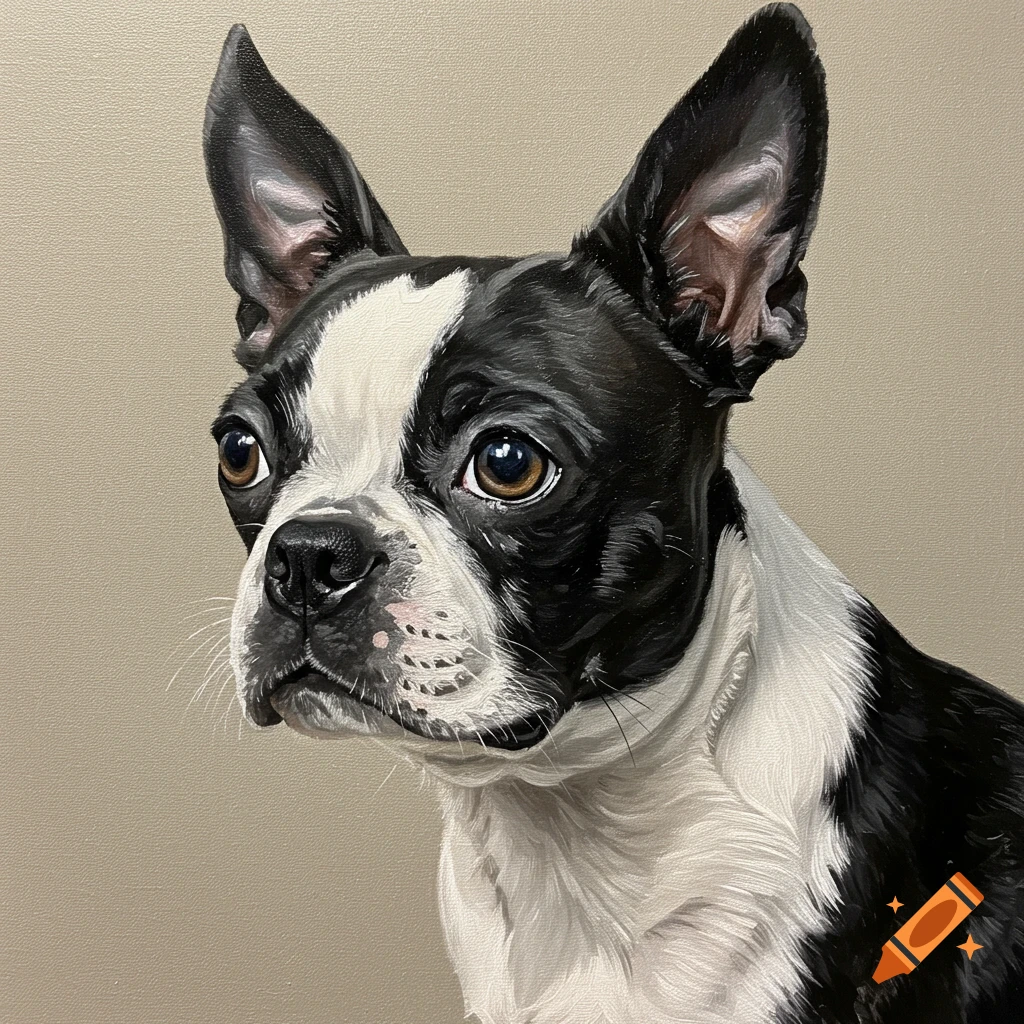 A close-up painting of a black and white Boston Terrier dog with brown eyes, looking to the left.