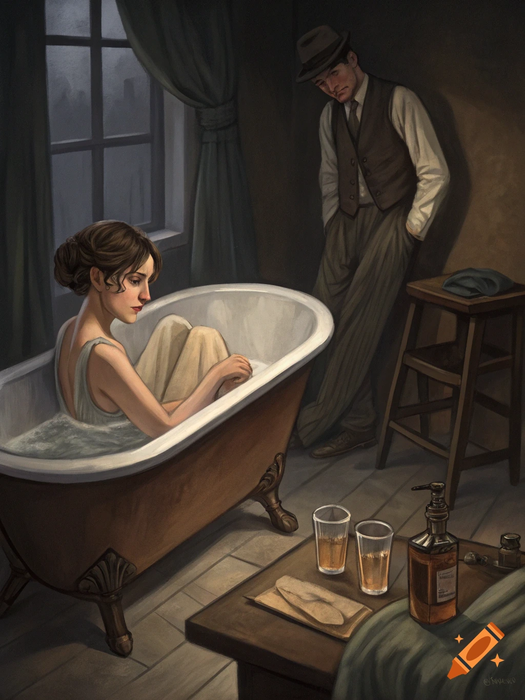 A painterly scene of a somber woman in a dress sitting in a bathtub, while a man in a suit and fedora watches over her in a dimly lit room.