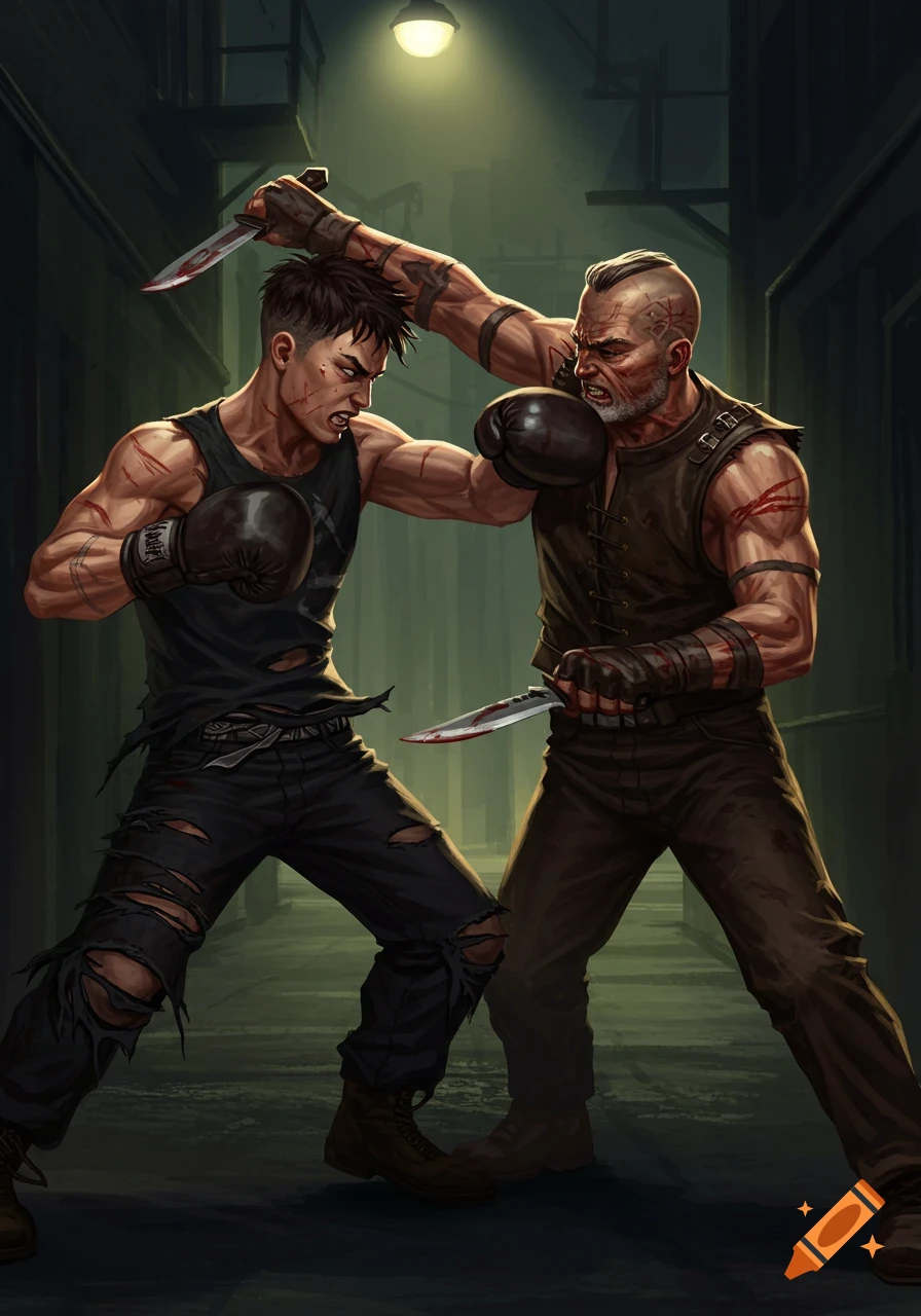Two muscular men with cuts, one in boxing gloves, fight with knives in a dark alley, depicted in a detailed fantasy illustration style.