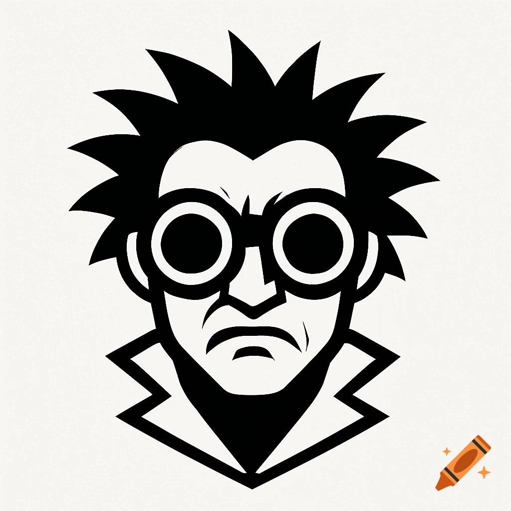 Black and white vector logo of a mad scientist with spiky hair and goggles.