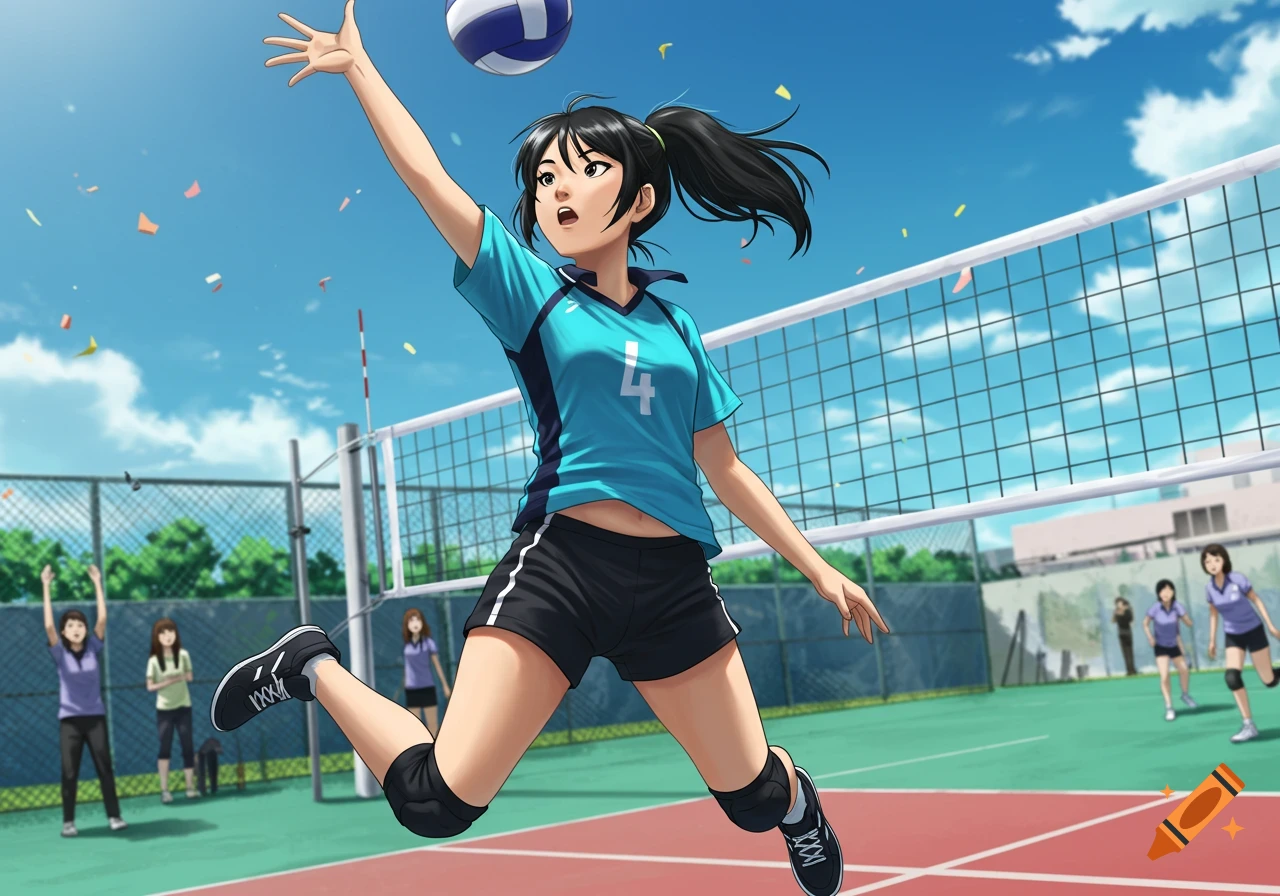 Anime girl in a blue jersey with number 4 jumping to hit a volleyball on an outdoor court.